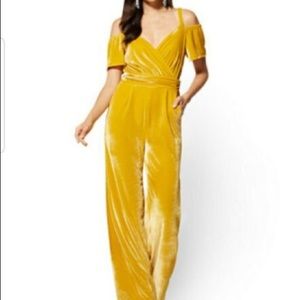 New York & Company Yellow, Velvet, Off Shoulder Jumpsuit! Excellent condition!